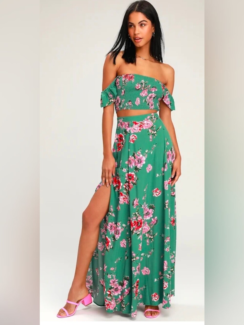 Lulu's Away On Vacay Green Floral Print Two-Piece Maxi Dress